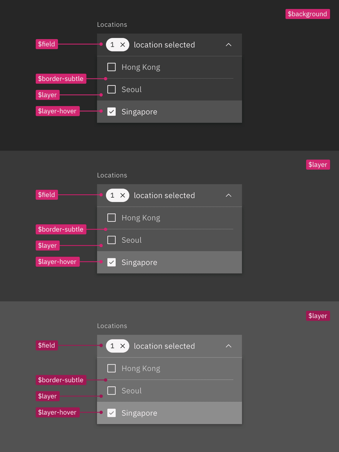 Layer set tokens applied to dropdown in the Gray 90 theme